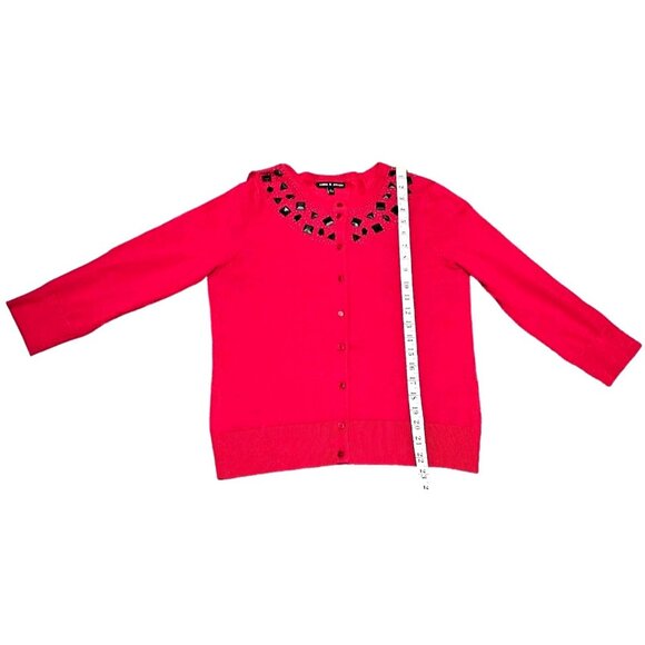 Embellished Red Cardigan Sweater By Cable & Gauge With Black‎ Gems & 3/4 Sleeves - Picture 8 of 9